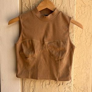 OGL Sleeveless High Neck Corset Detail Crop Top Camel Size Large